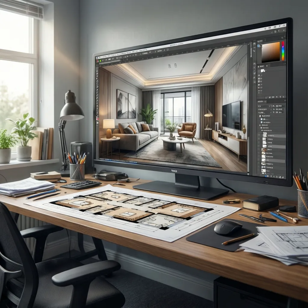 Interior designer planning small living room layout on digital screen