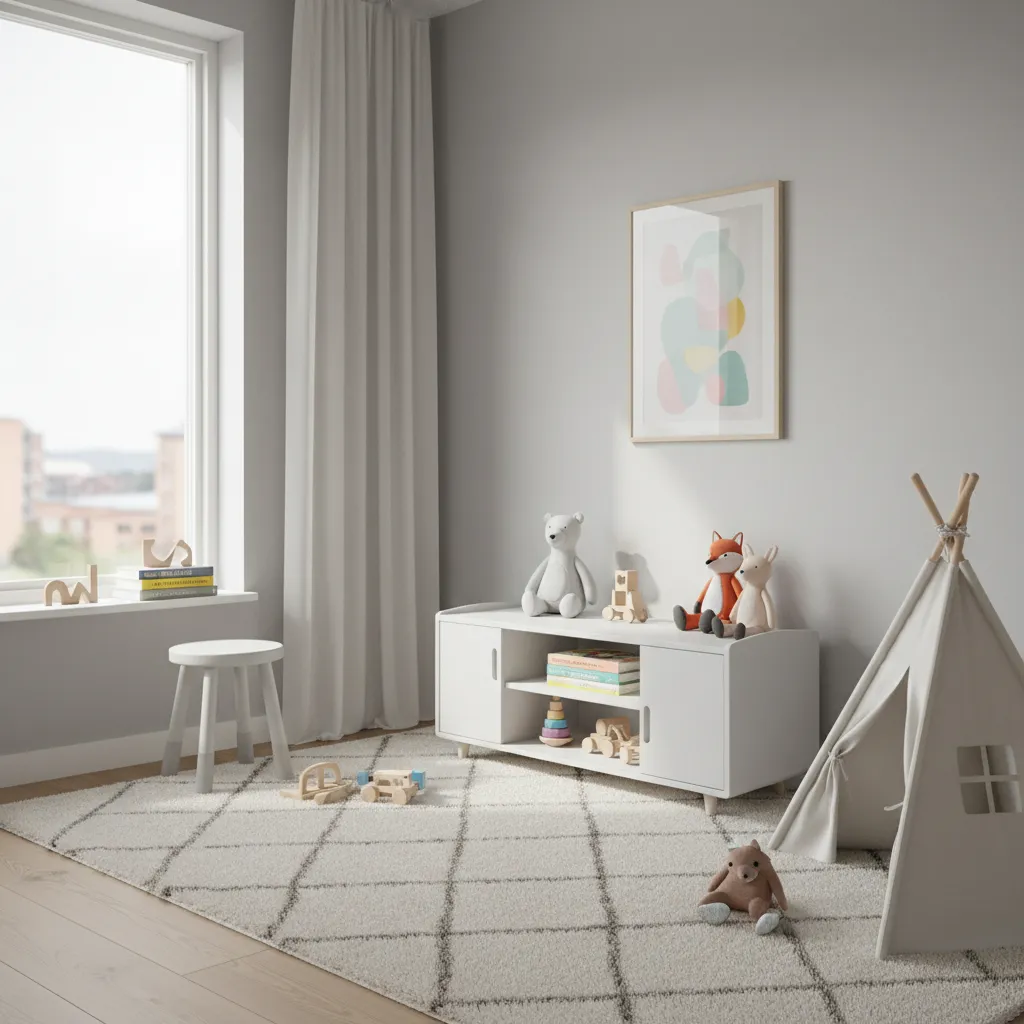 small living room corner converted into a kids play area with rug and toy shelves