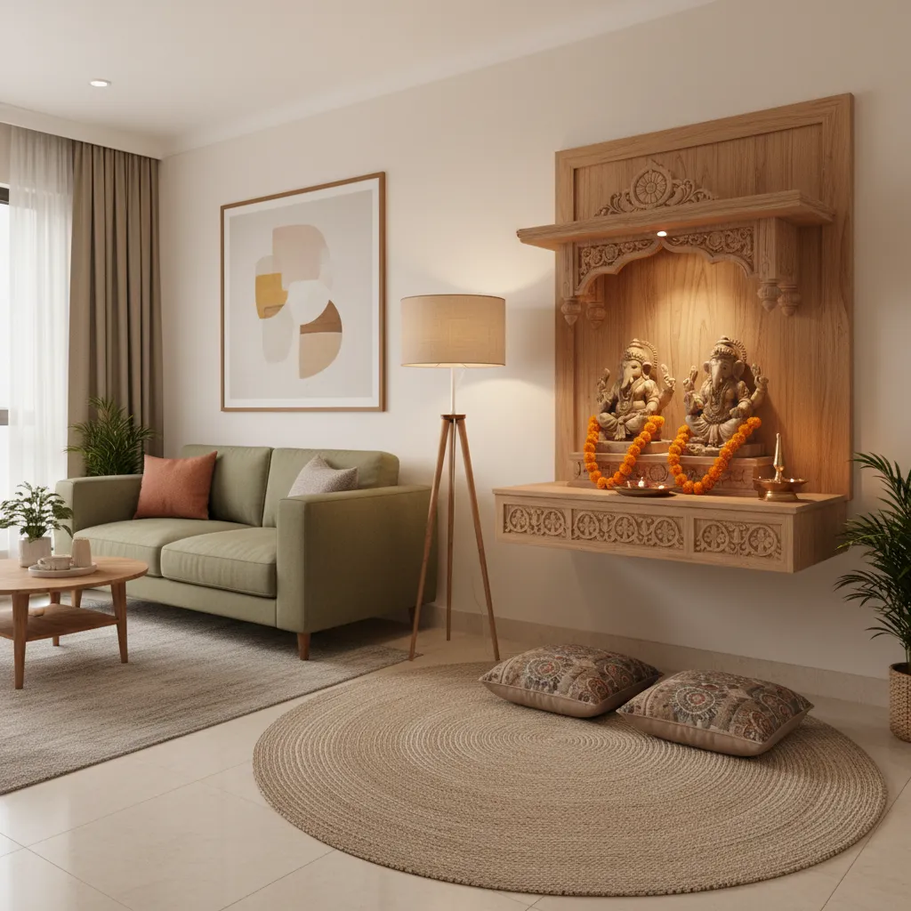 small living room with a dedicated pooja corner and wooden mandir shelf