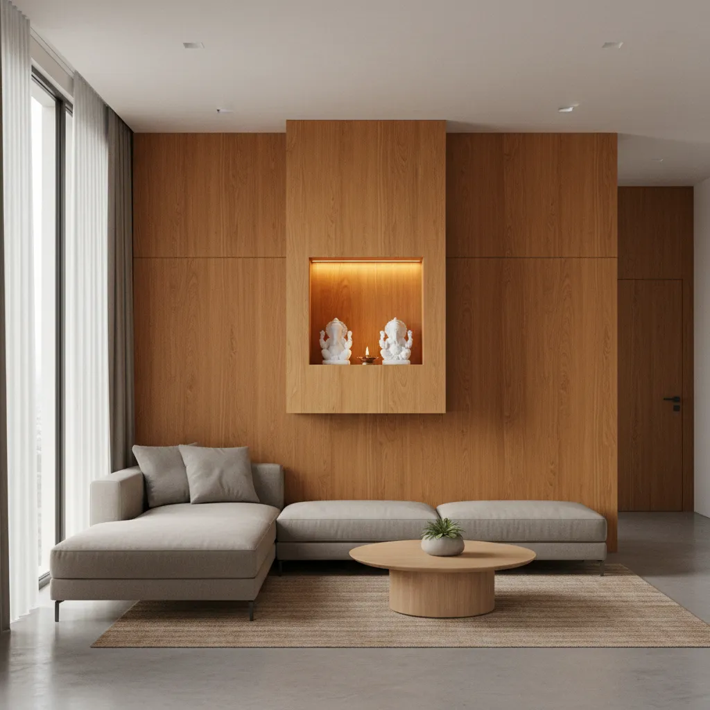 Compact living room with minimalist wall mounted pooja setup