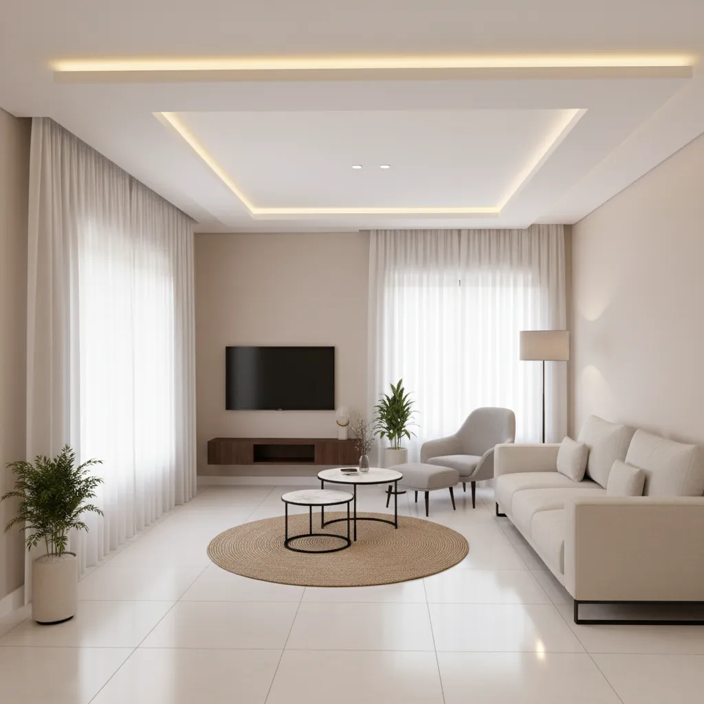 Small living room with simple POP tray ceiling making the space appear larger