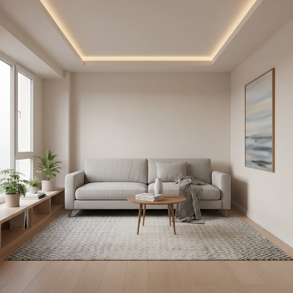 small living room with minimal POP tray ceiling and warm lighting