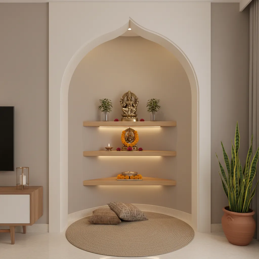 small living room corner with POP framed puja space