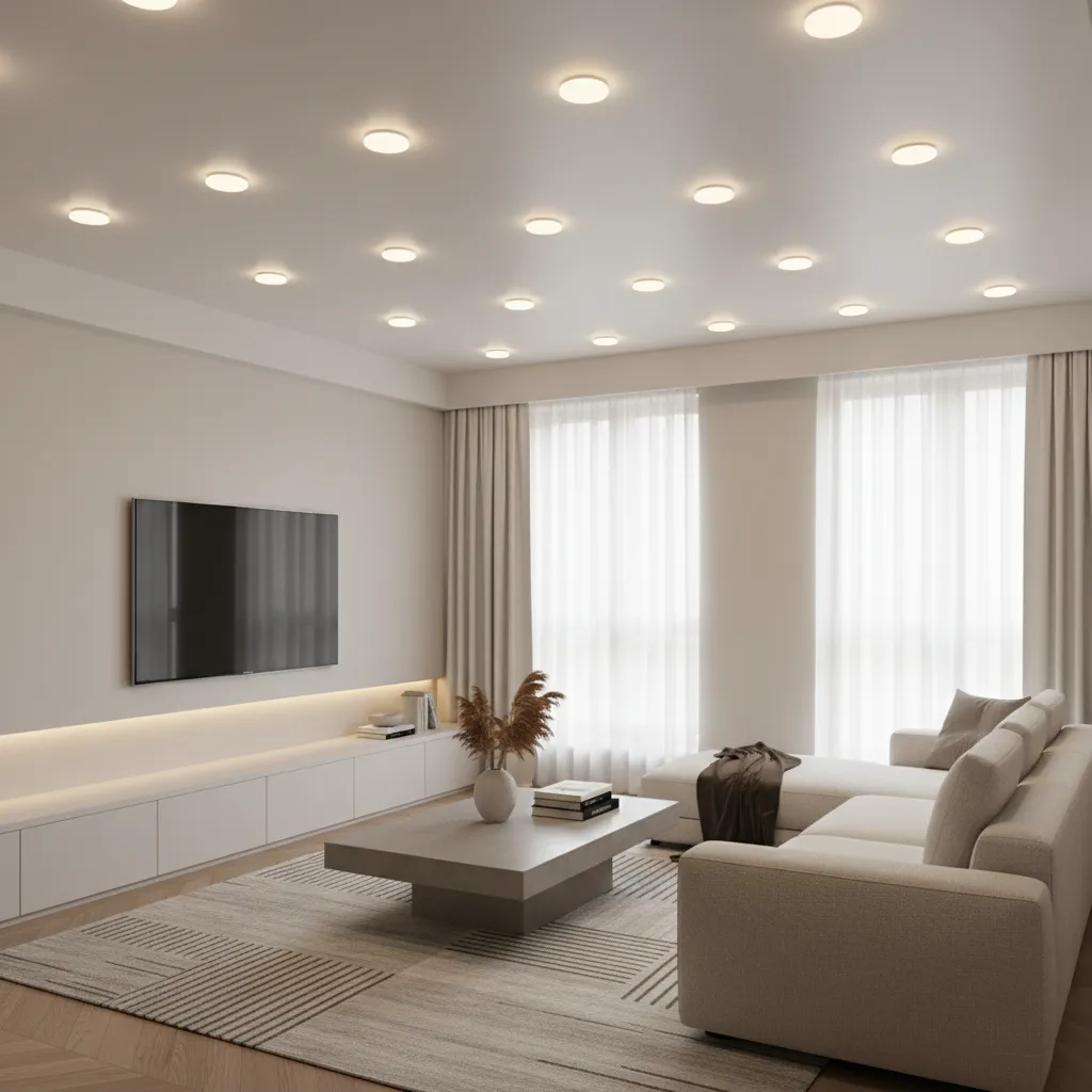 Small living room ceiling with evenly spaced recessed lighting layout