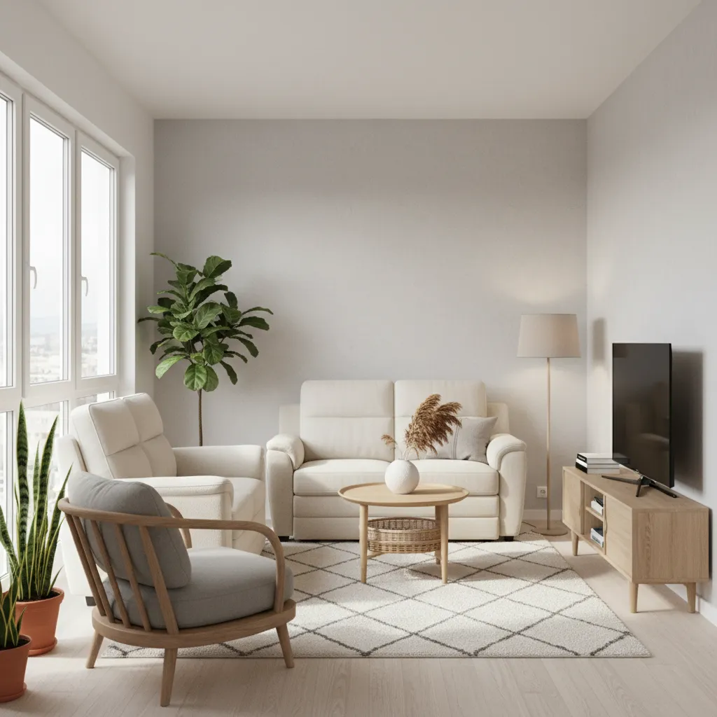 small living room layout with reclining sofa and compact furniture arrangement