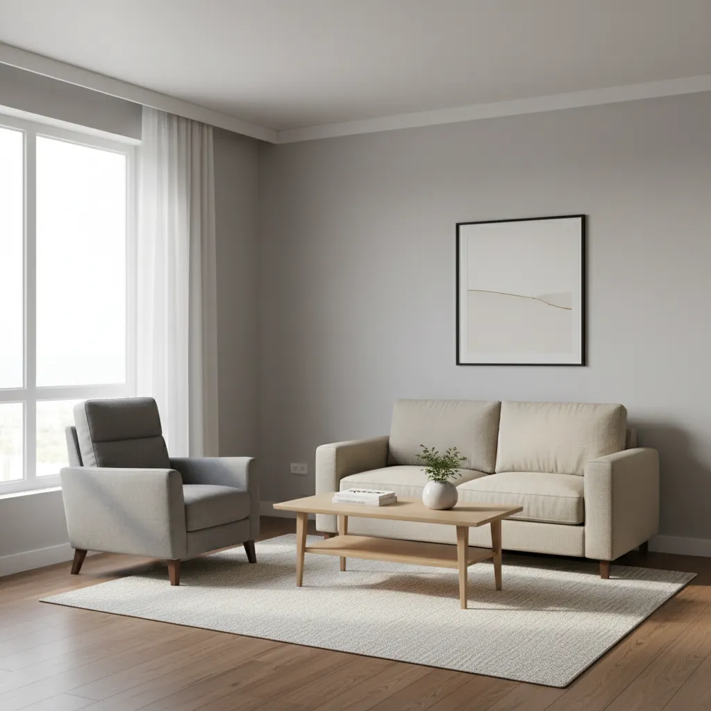 Small living room featuring a compact recliner and sofa layout