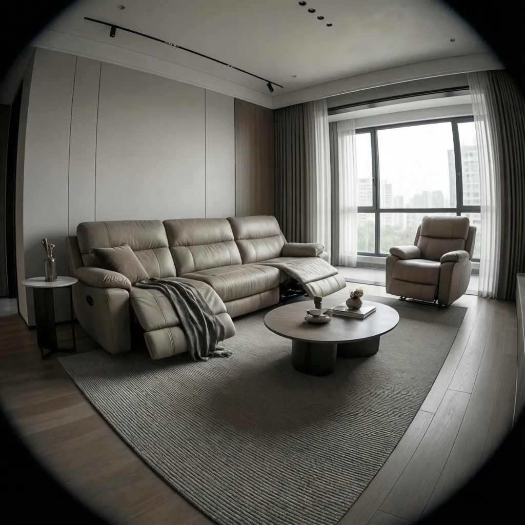 optimized small living room layout with reclining sofa and open space