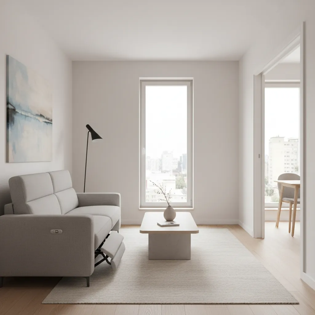 Compact living room with space-saving reclining sofa layout