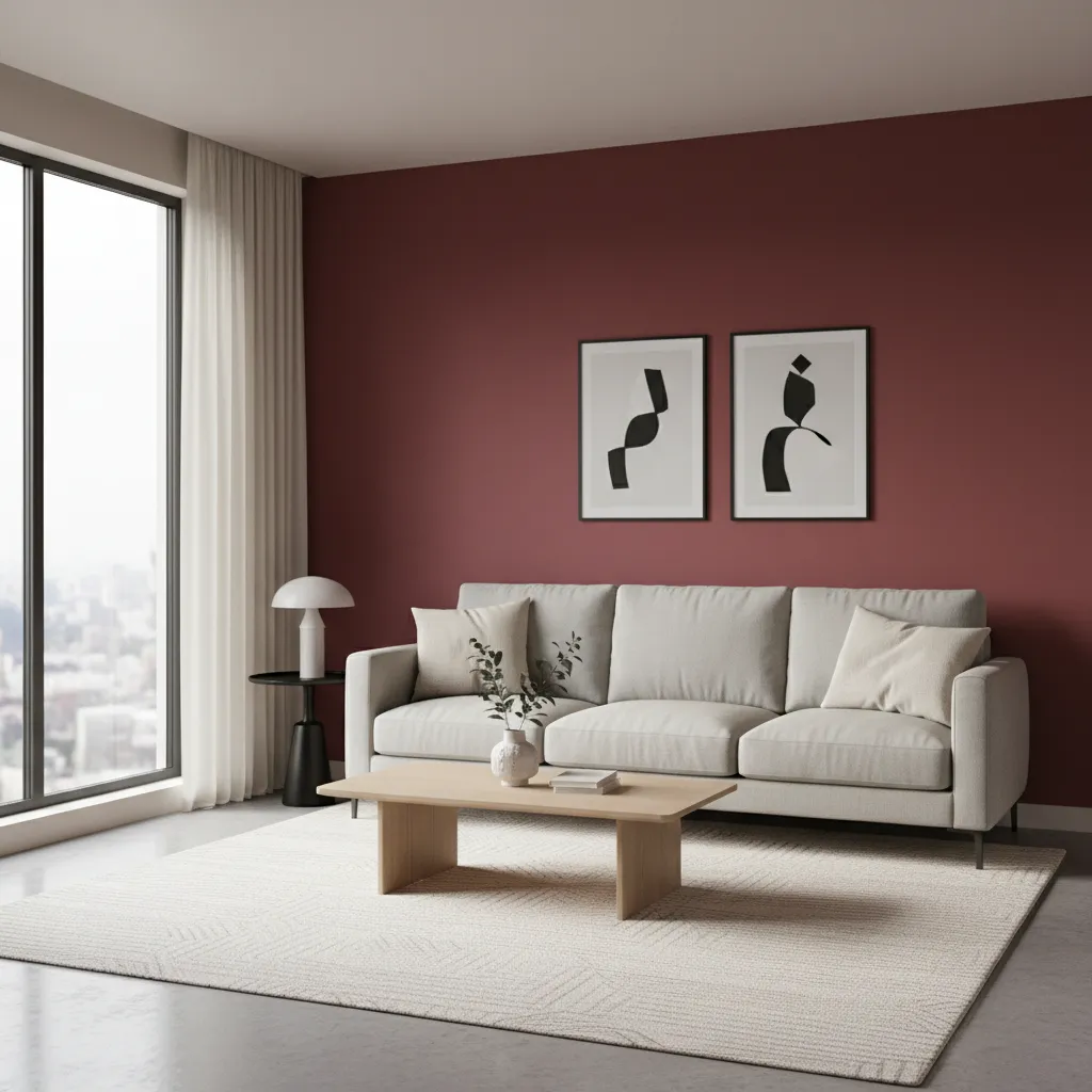 Small living room featuring a single red accent wall behind sofa