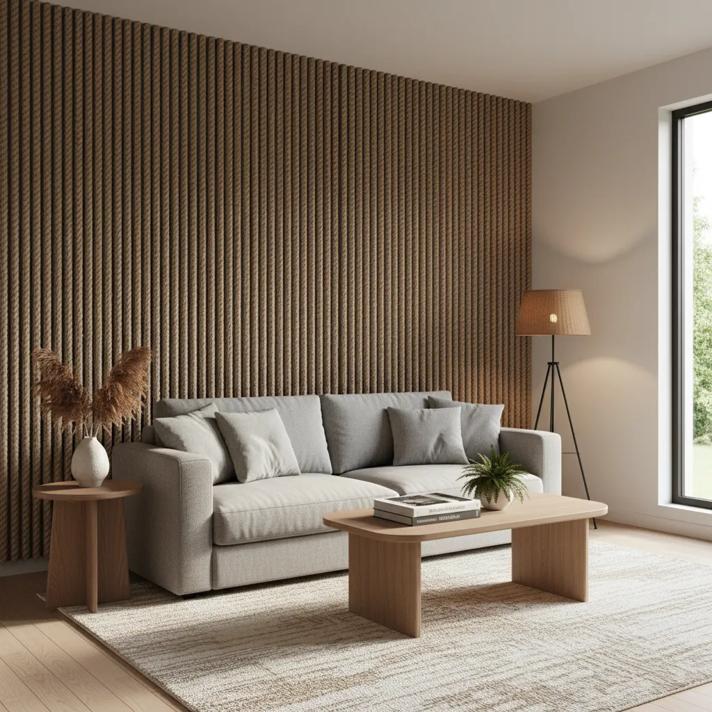 Small living room with decorative rope wall accent creating texture