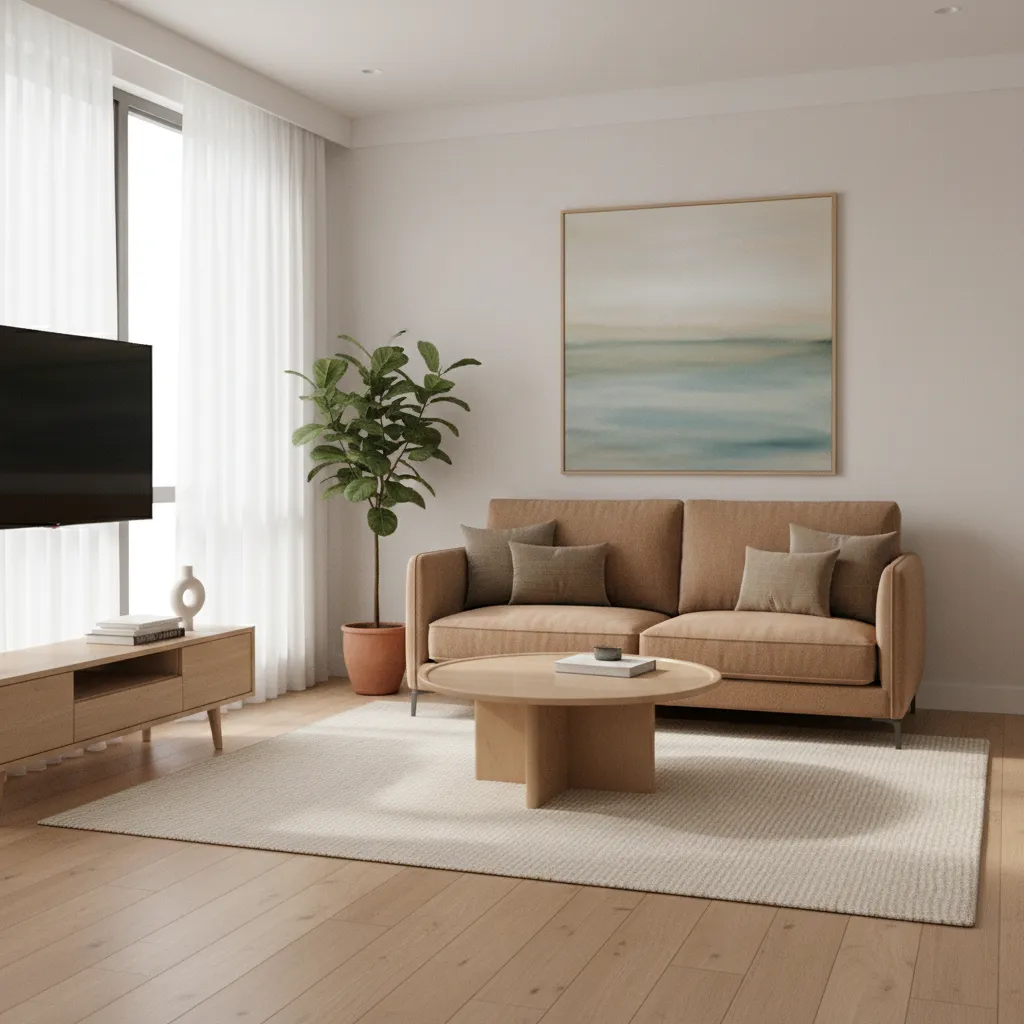 Modern living room with beige sofa, round wooden coffee table, rug, and large green plant