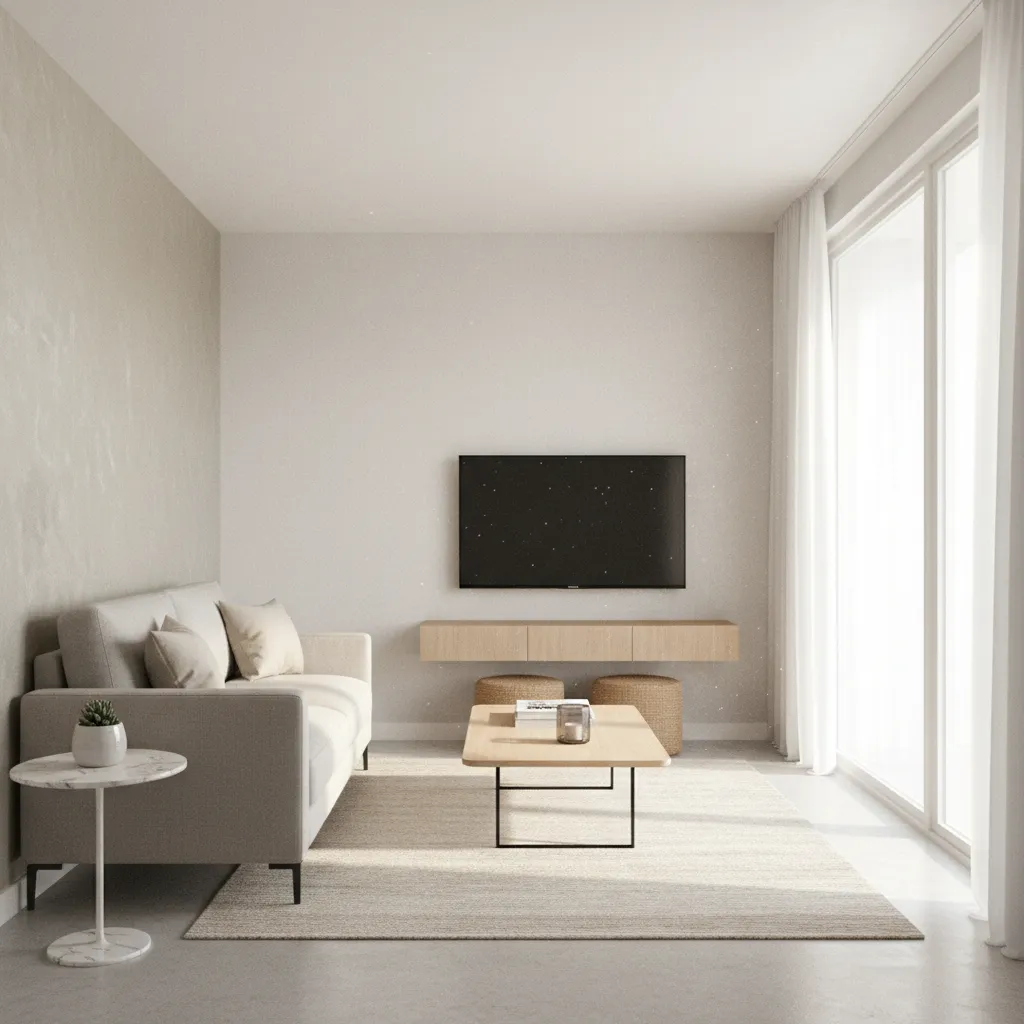Minimalist living room with grey sofa television wooden shelf two footrests rug and large window