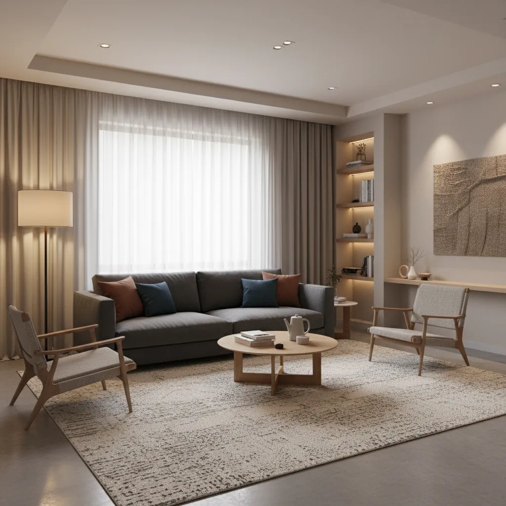 small living room with rug and lighting anchoring couch layout