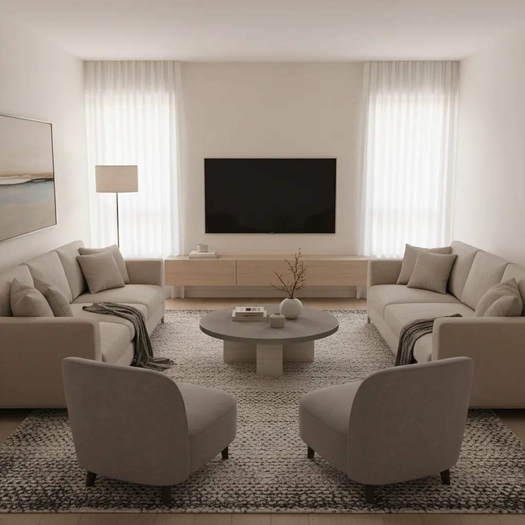 Two couches positioned on large rug in small living room