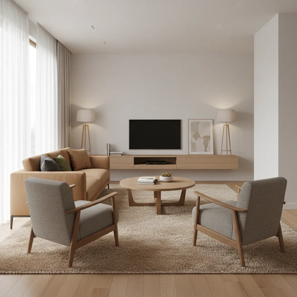 small living room seating area defined by large rug and compact furniture