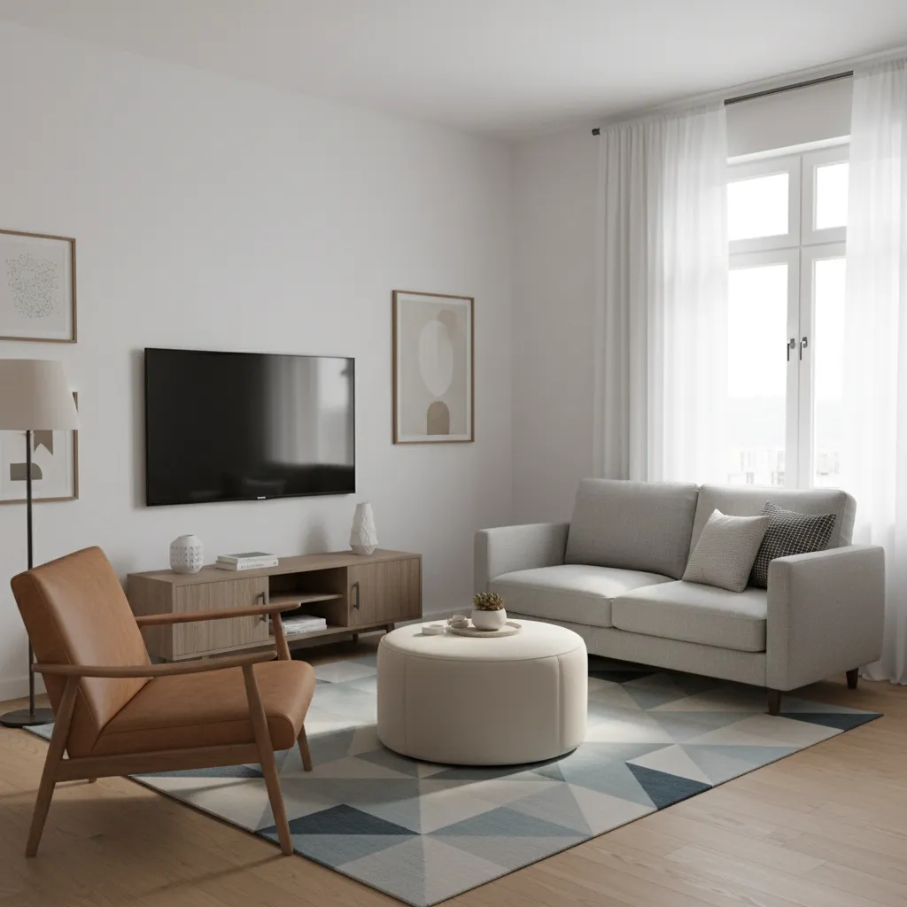 Small apartment living room seating arrangement with loveseat chair and ottoman