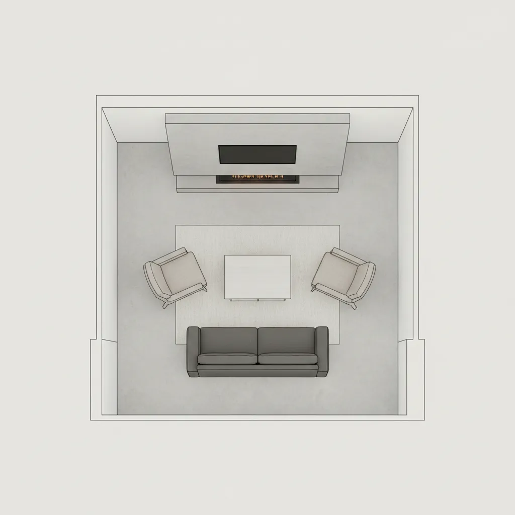 Top down room layout drawing showing a sofa, two chairs, rug, and wall mounted television