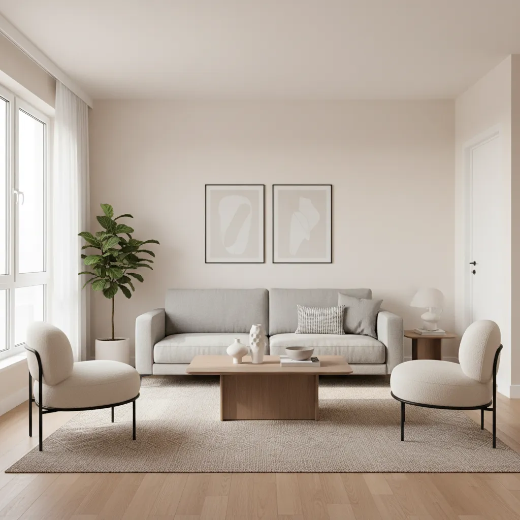 Modern living room with grey sofa two white chairs wooden coffee table and green plant