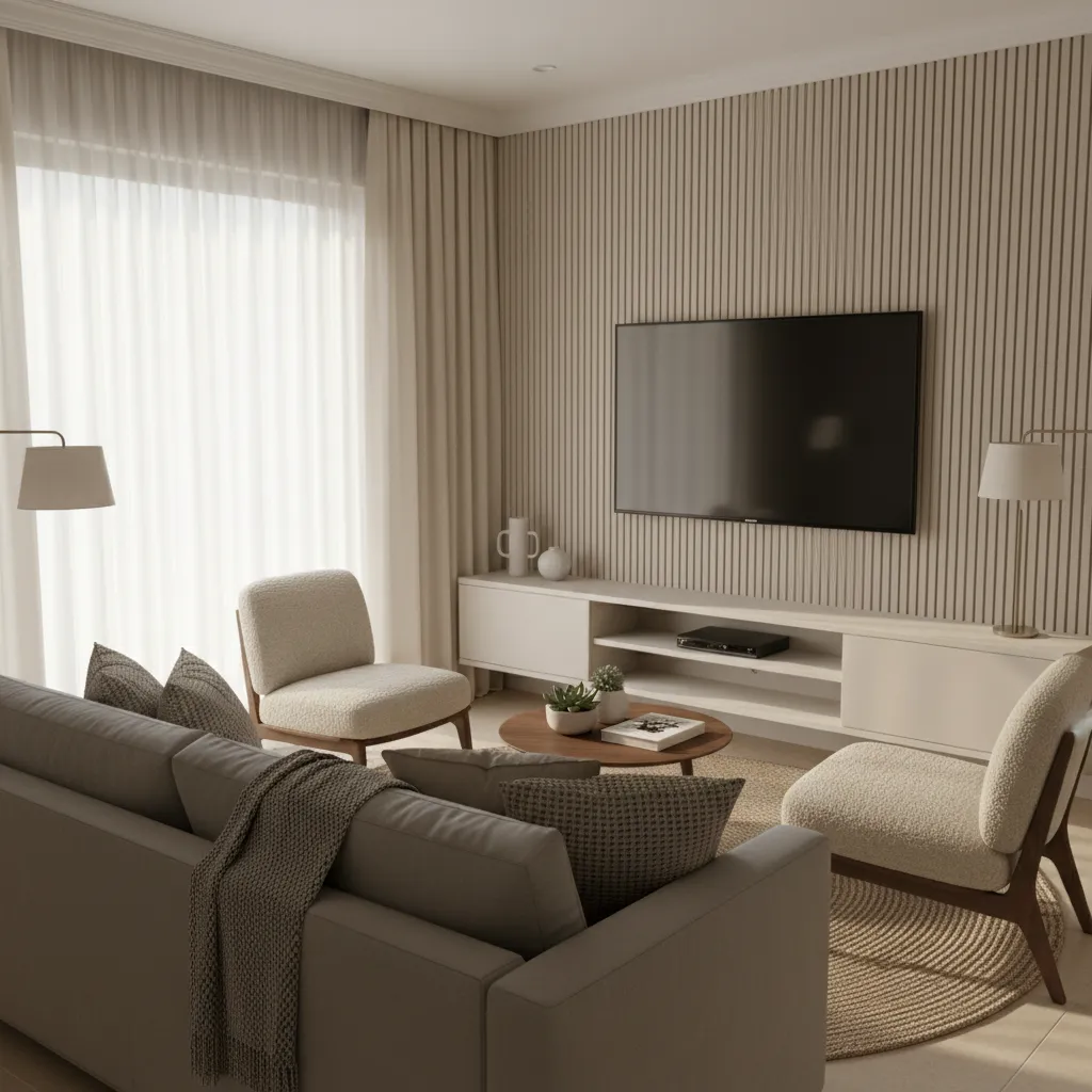 Triangular seating arrangement in a small living room facing a TV