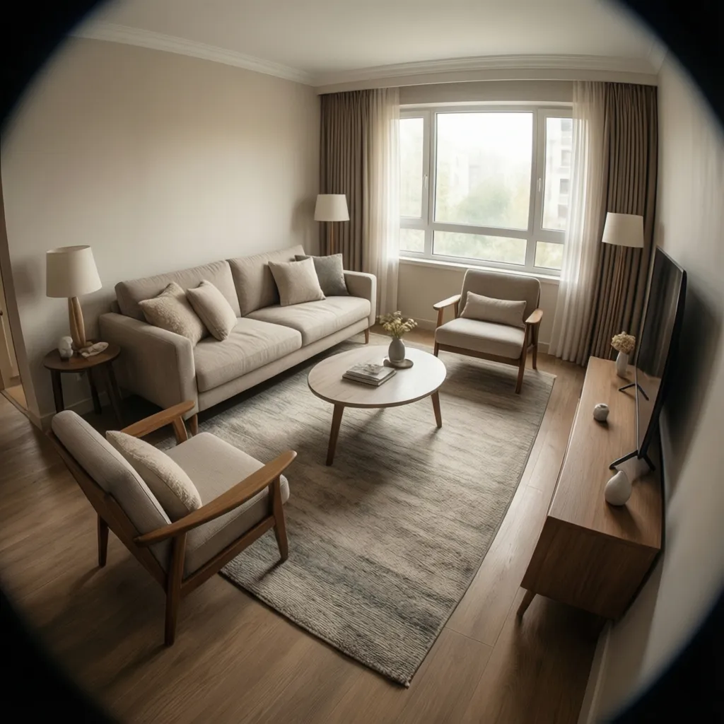 Seating area defined by a 5x8 rug with sofa and chairs angled inward