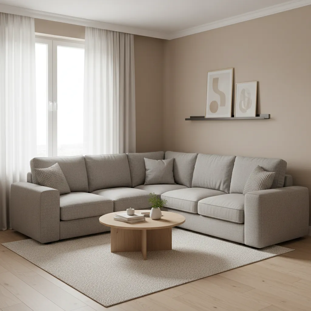 Corner sectional sofa arrangement in a small living room
