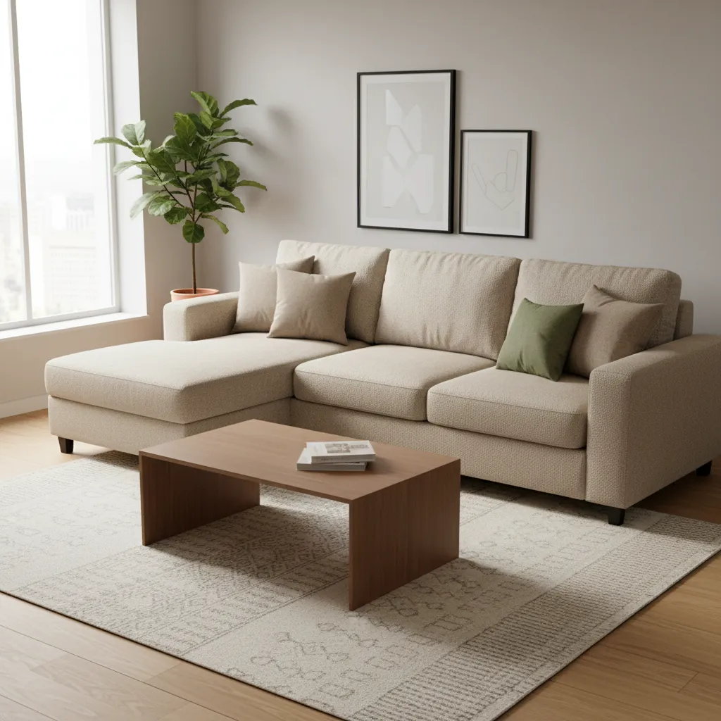 Small living room with compact L shaped sectional sofa layout