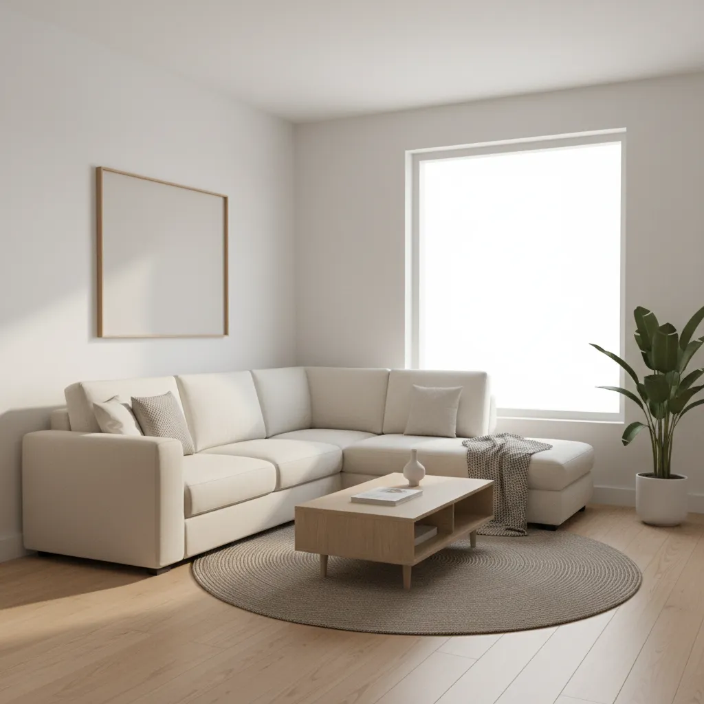Cream colored sofa in bright living room with wooden coffee table round rug and plants