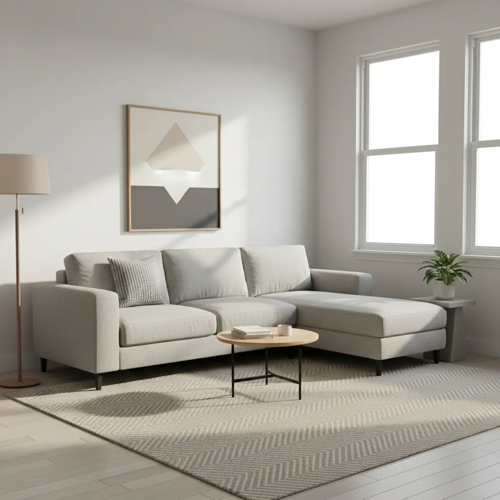 compact sectional sofa layout in small rectangular living room