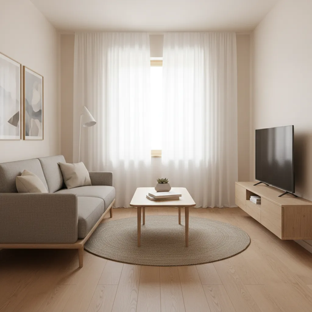small living room with sheer curtains allowing soft daylight