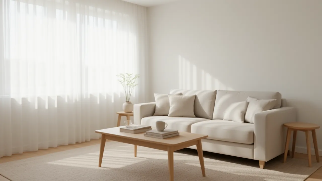 small living room with sheer white curtains letting natural light in