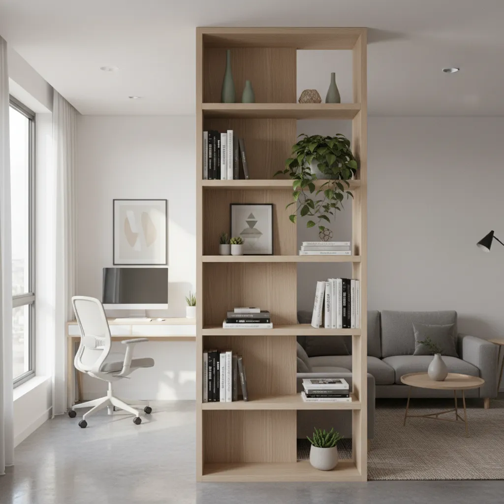 Small apartment living room using open shelf as room divider
