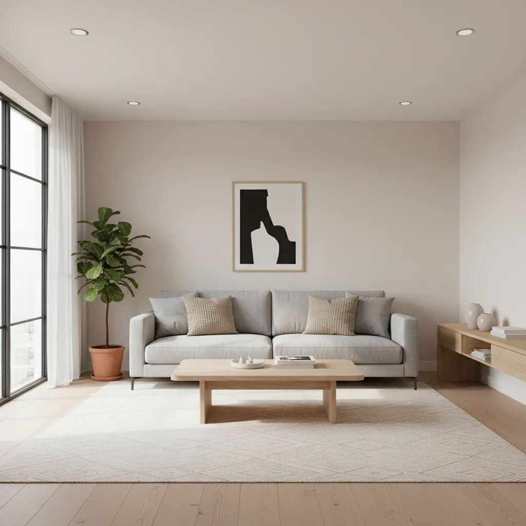 Small living room with simple white ceiling and balanced furniture layout