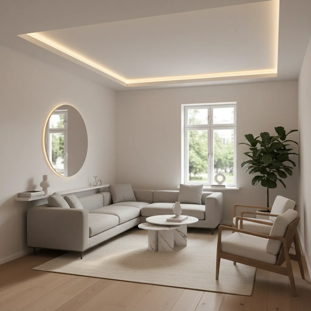 Small living room with minimal tray fall ceiling and soft lighting