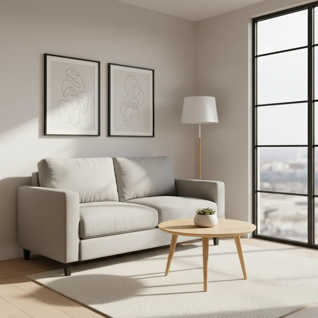 simple small living room layout with compact sofa and neutral colors