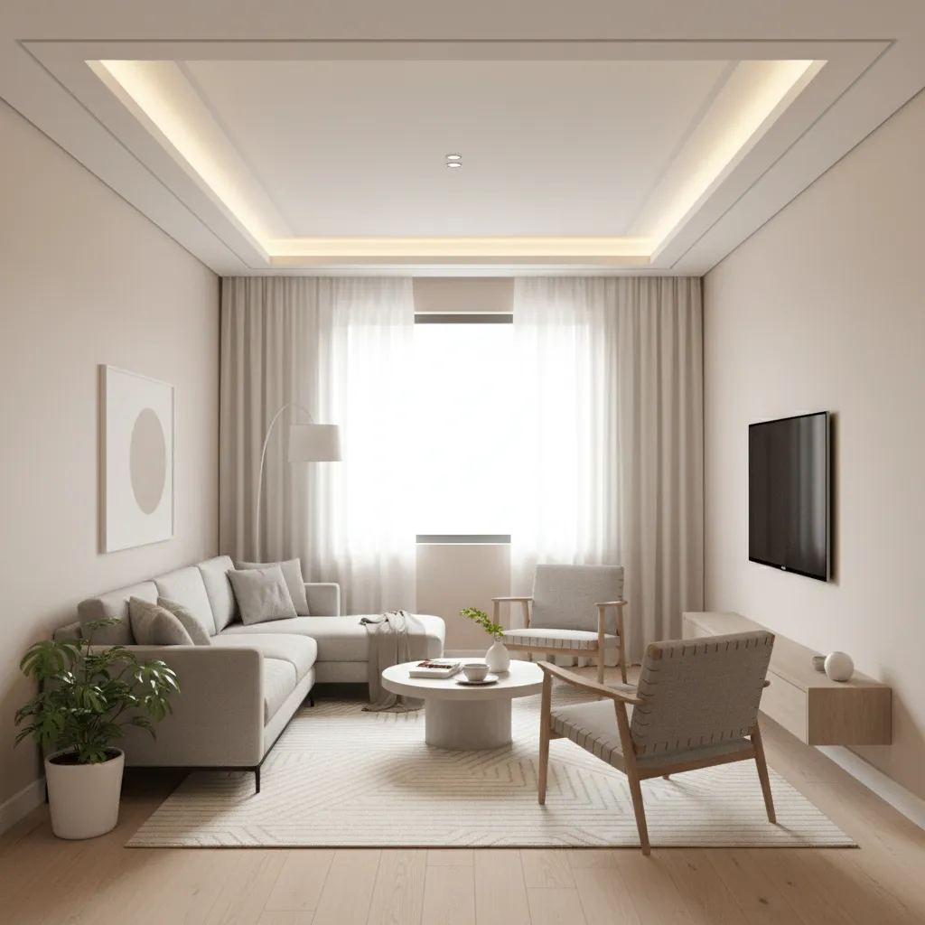 small living room with minimal plaster of paris ceiling frame design