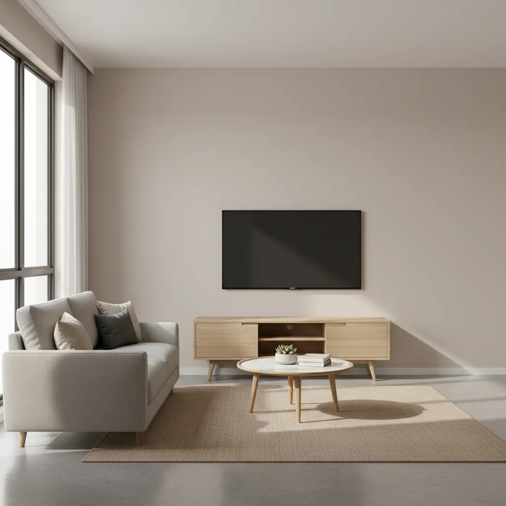 Small living room with compact simple TV stand layout
