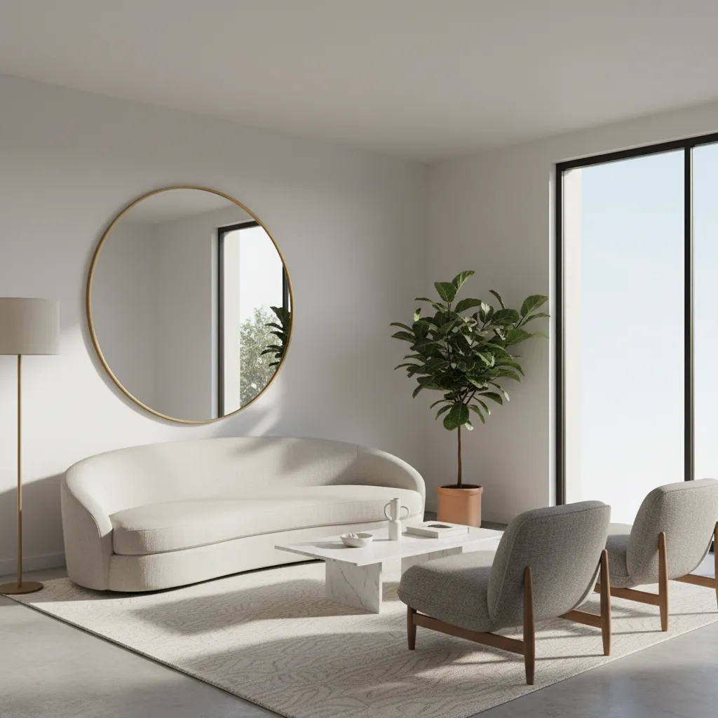 small living room with large statement mirror reflecting window light