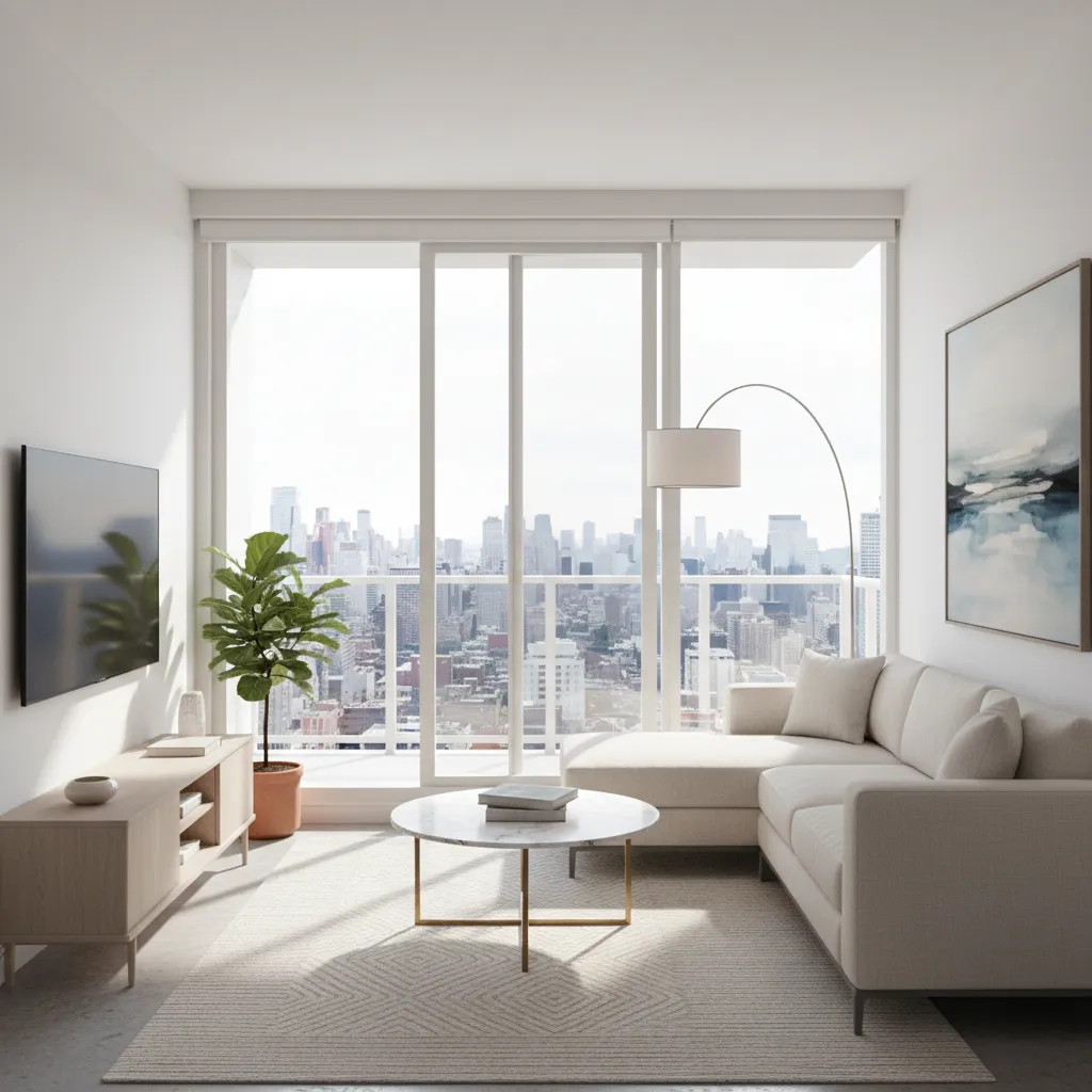 Small apartment living room using floor to ceiling sliding glass doors