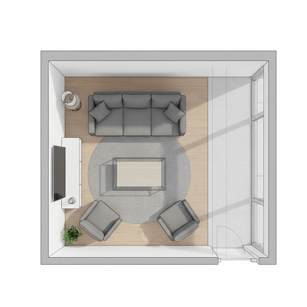Top view layout of small living room furniture arrangement with sliding glass door pathway