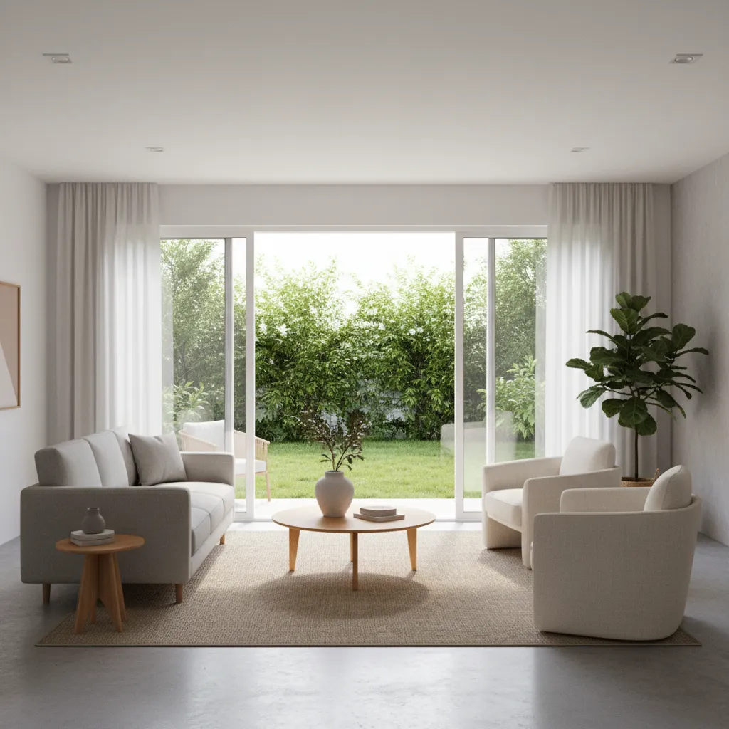 Small living room layout optimized around sliding glass doors
