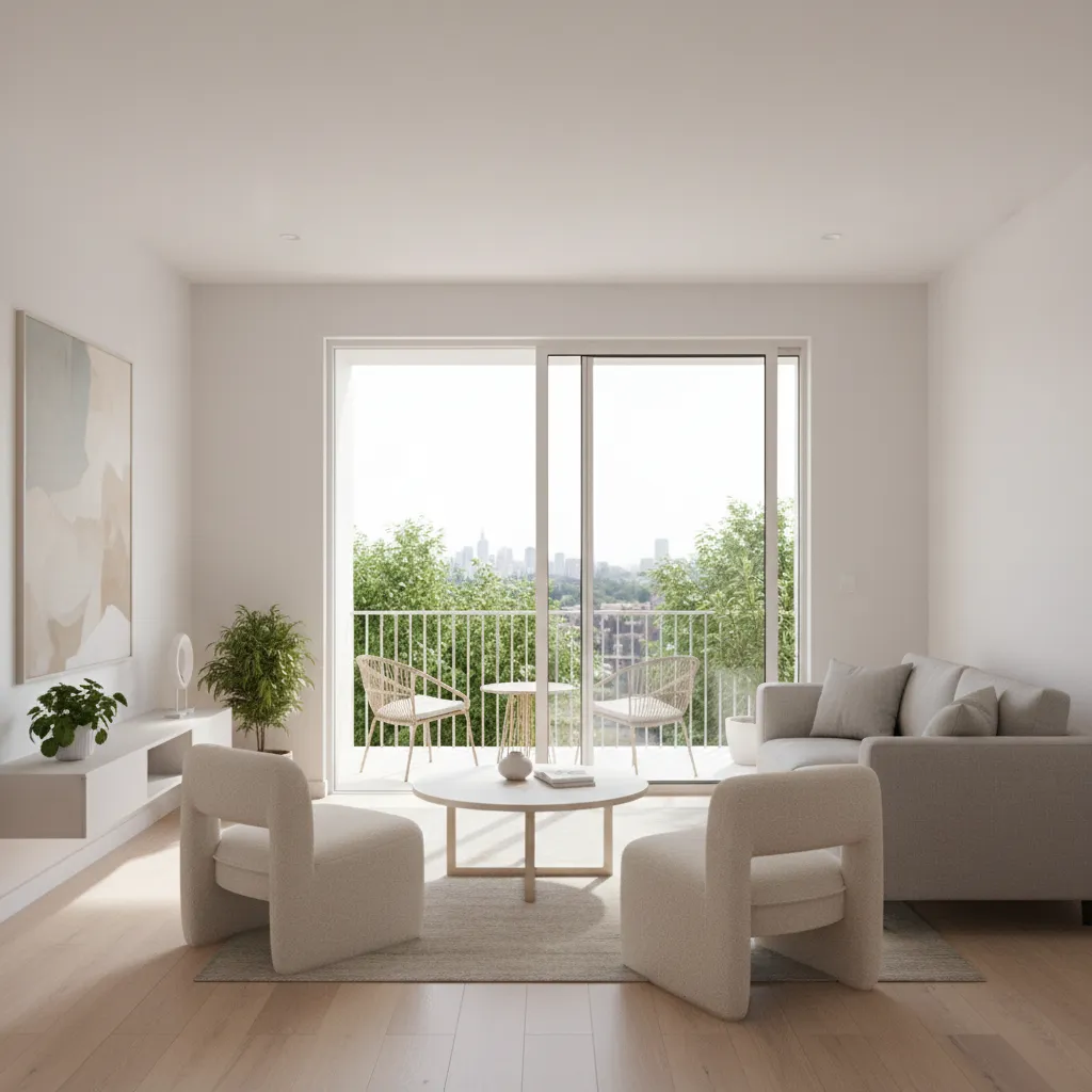 Compact living room with sliding glass doors bringing natural light into seating area