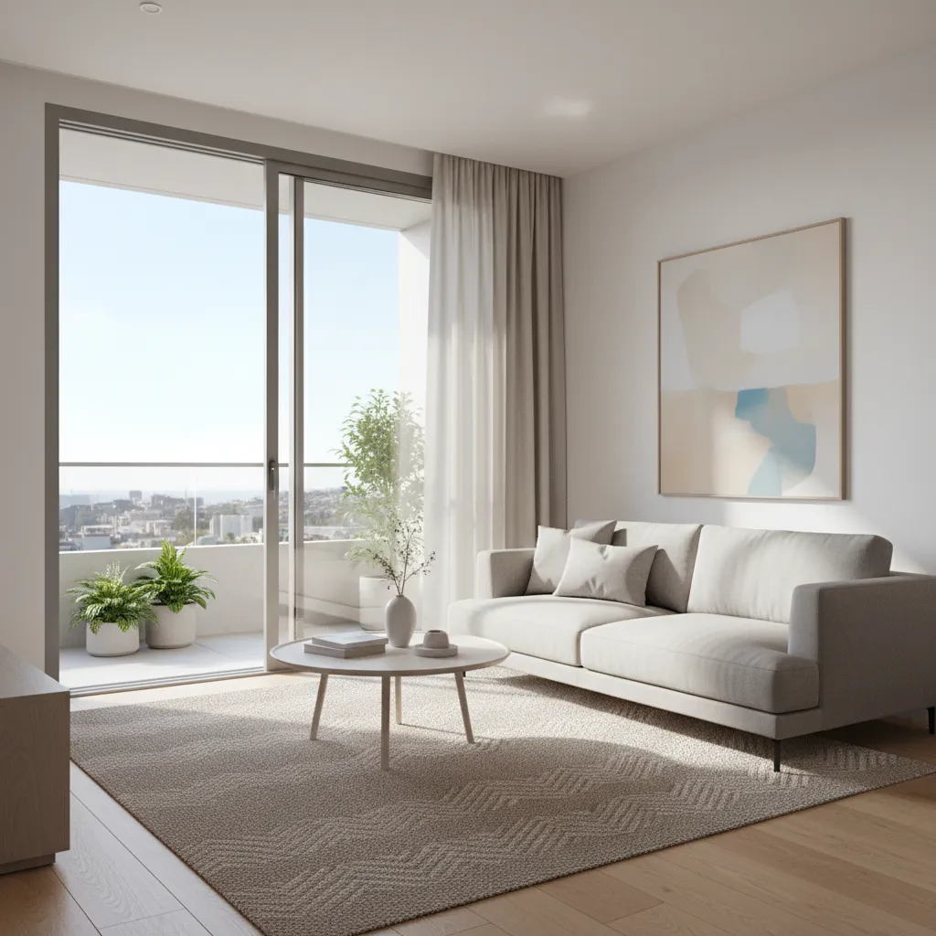 Compact living room with sliding glass door bringing natural light into the space