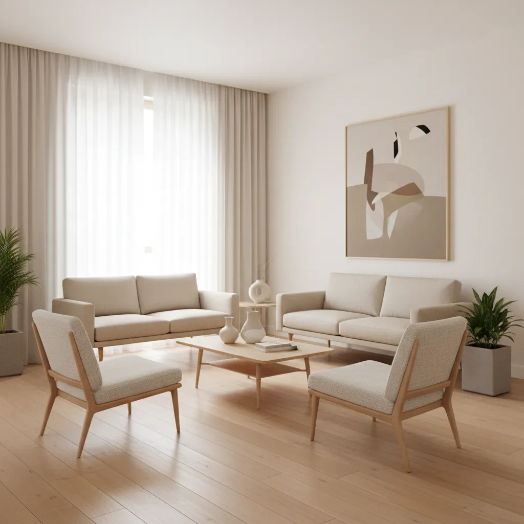 Simple living room with beige sofas two chairs wooden coffee table and large wall art