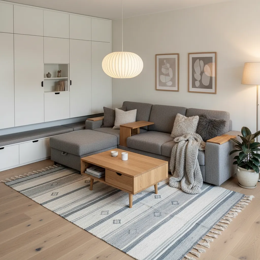 Sala pequeña con muebles compactos y almacenamiento oculto