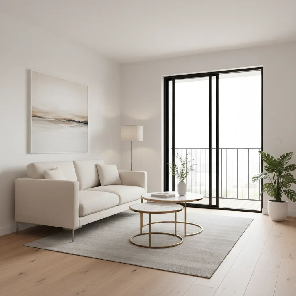 Small living room with nesting tables and compact sofa near sliding glass door