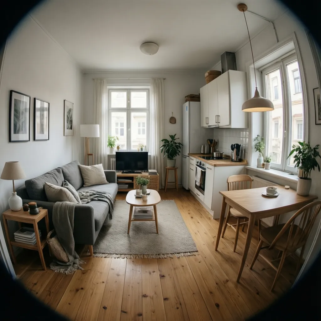Sala pequeña con distribución abierta entre cocina y salón