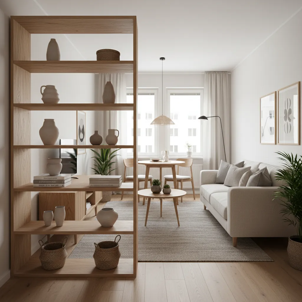Sala de estar pequeña con estantería abierta usada como separador de espacios