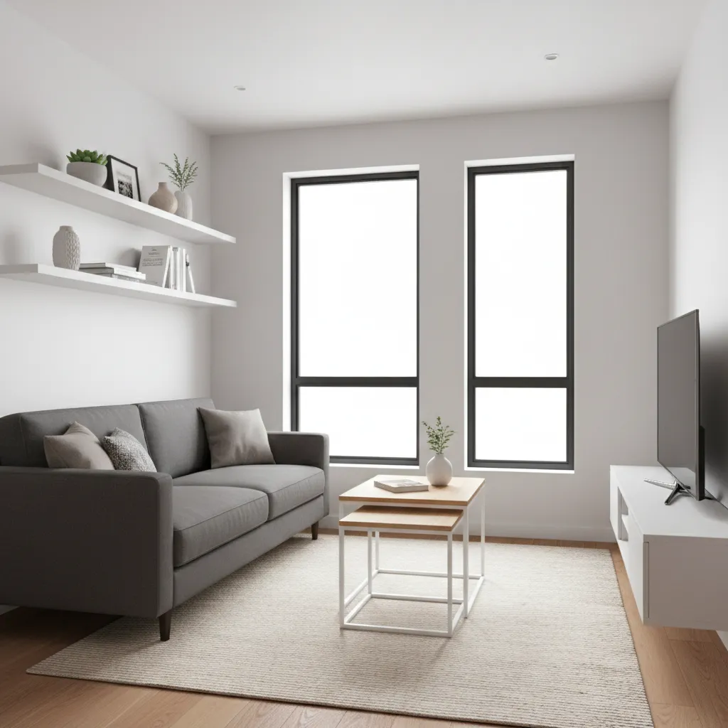 Compact apartment living room with efficient furniture layout and multifunction furniture