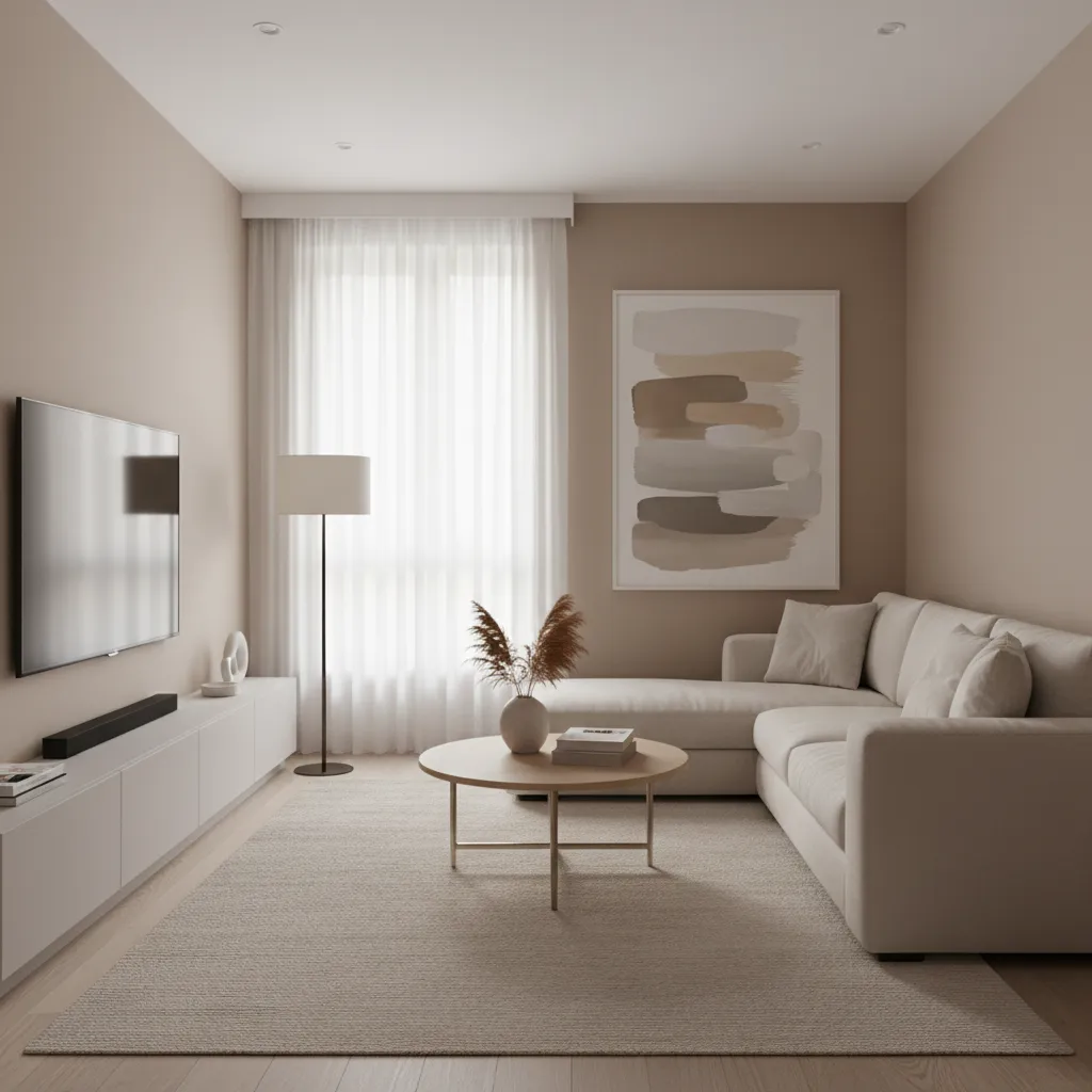 small living room with sofa placed against the wall for space efficiency