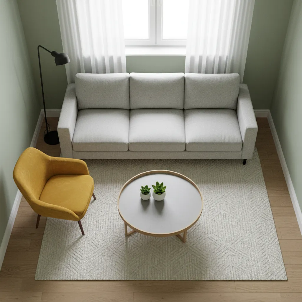Small living room layout with grey sofa yellow armchair round coffee table and floor lamp